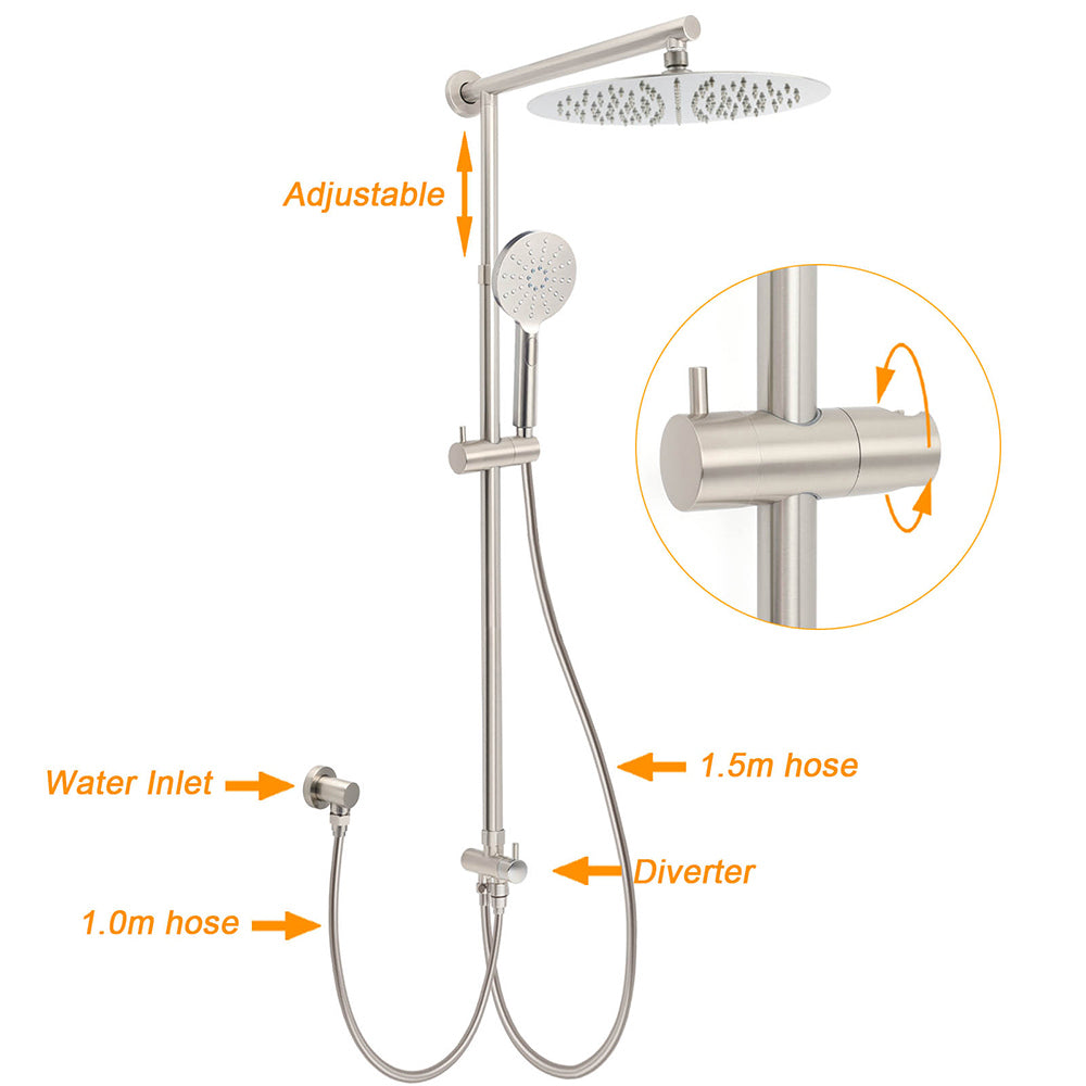 Brushed Nickel 2in1 Round 12" Stainless Steel Rainfall Head Shower Handheld Sliding Rail Arm Set