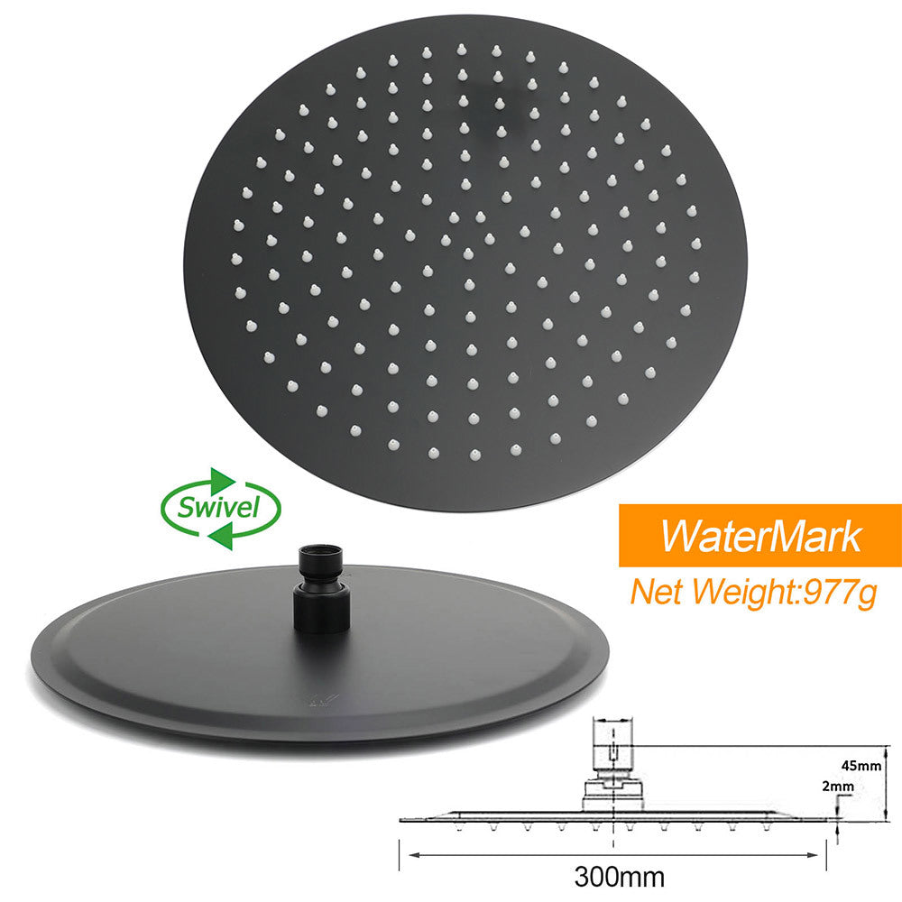 WELS Matt Black Twin Round 12" Shower Head Set Metal Handheld Flexible Rail Wall Arm Mixer