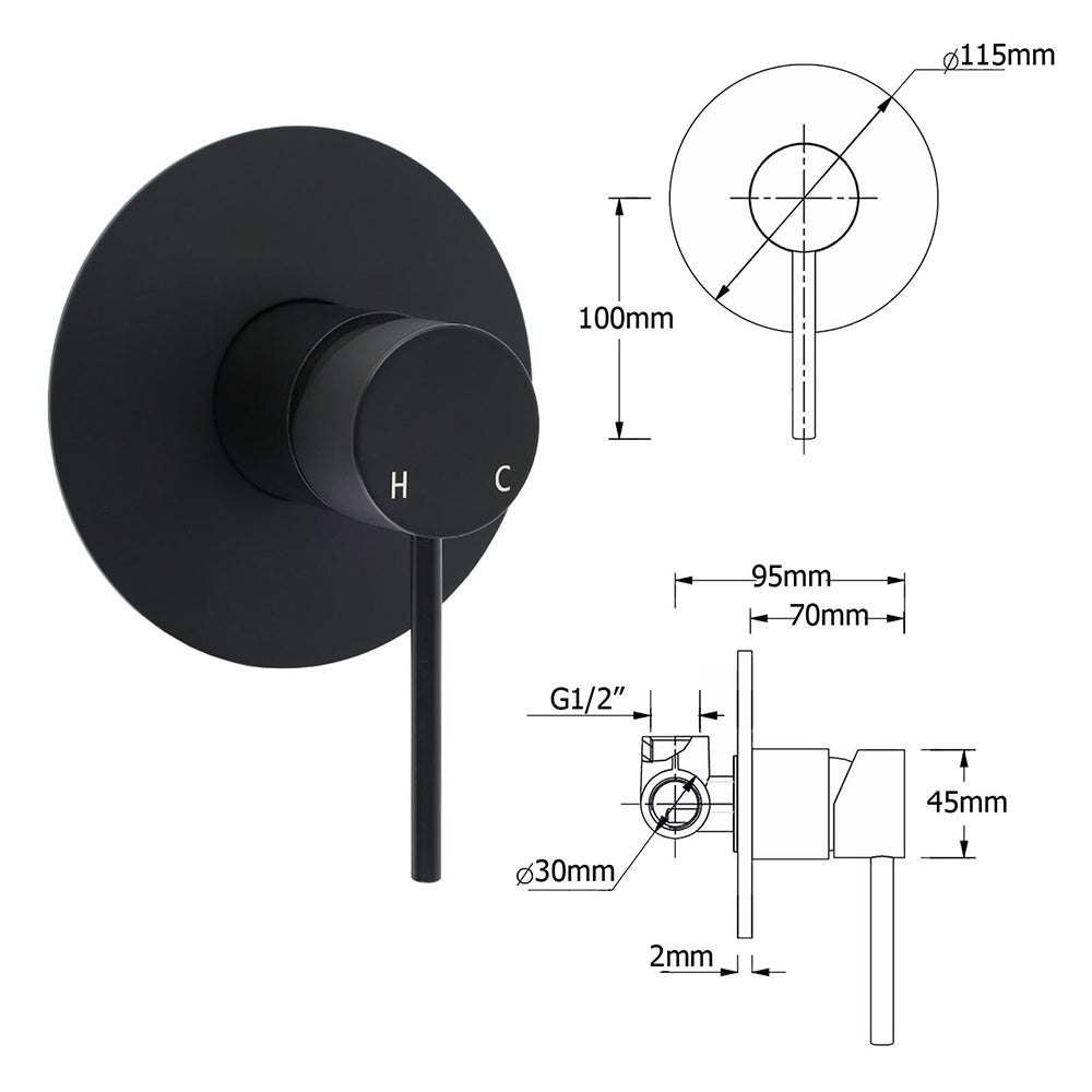WELS Matt Black Twin Round 12" Shower Head Set Metal Handheld Flexible Rail Wall Arm Mixer