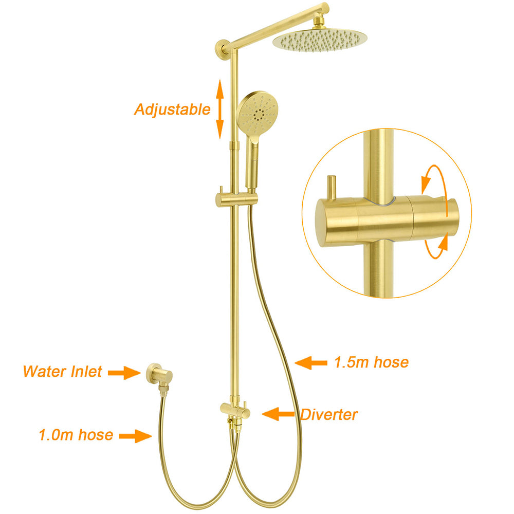 WELS Brushed Gold Twin Shower 8" Round Head Set 3 Mode Handheld Rose Sliding Rail Arm