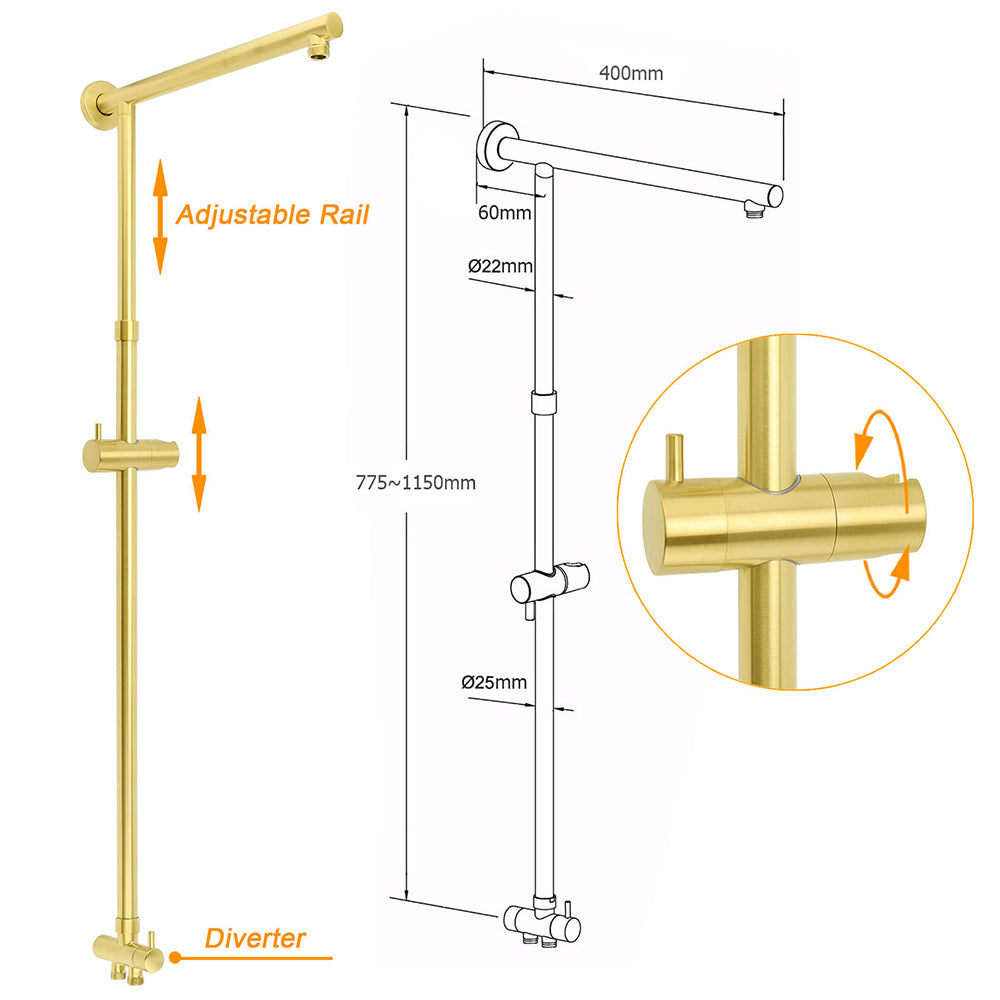 Brushed Gold Square 10" Rain Head 3 Mode Handheld Sliding Rail Wall Arm Dual Shower Taps Set