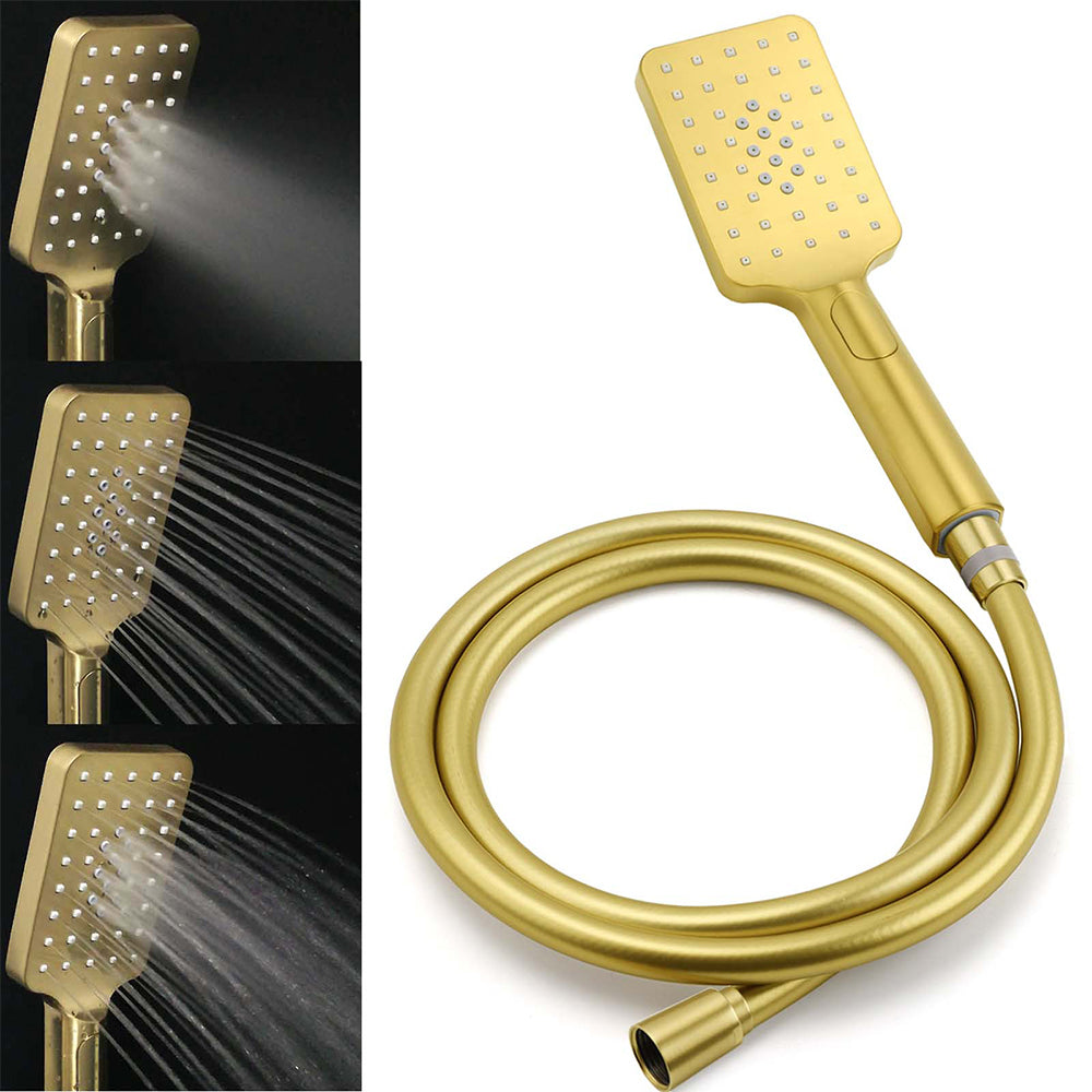 Brushed Gold Square 10" Rain Head 3 Mode Handheld Sliding Rail Wall Arm Dual Shower Taps Set