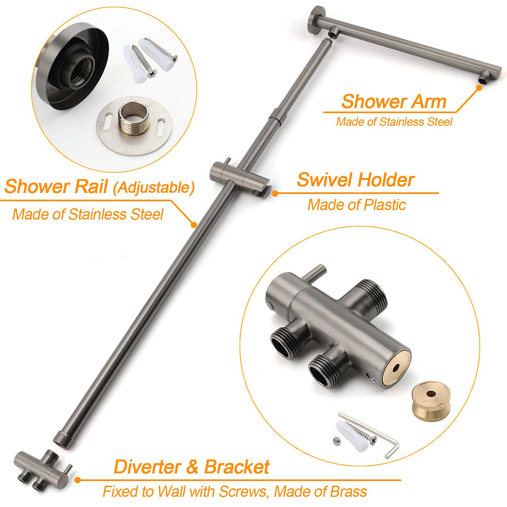 WELS Gun Metal 2in1 Shower Set Square 12" Rain Head 3 Modes Handheld Silde Rail Hot Cold Mixer