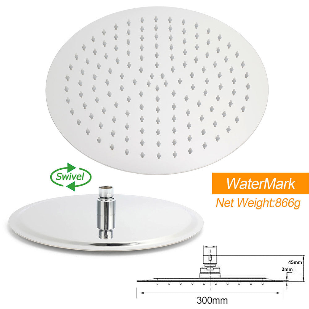 WELS Round Large 12" Rain 2in1 Shower Head Stainless Steel Handheld Wall Rail Brass Twin Taps Set