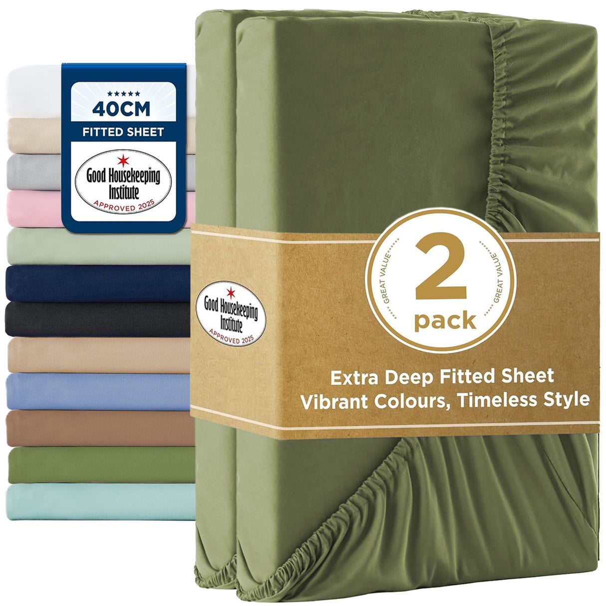 2000TC Hotel Quality Fitted Sheets - 2 Piece Fitted Sheets -Breathable Bedding - Wrinkle, Fade, Stain Resistant- 16inch/40cm Deep Pocket Fitted Bed Sheets-Wrinkle and Fade Resistant,(Olive green,King Single)
