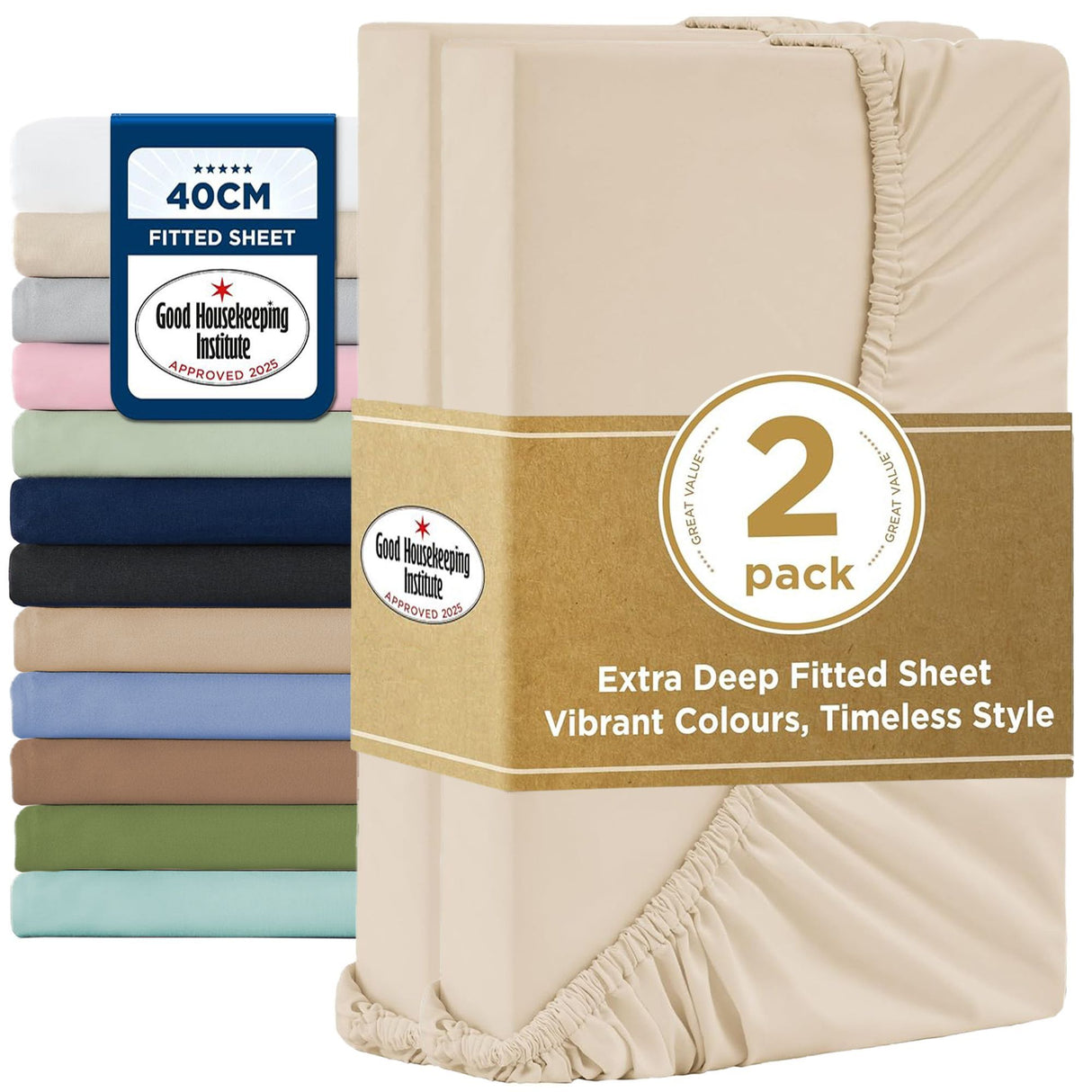 2000TC Hotel Quality Fitted Sheets - 2 Piece Fitted Sheets -Breathable Bedding - Wrinkle, Fade, Stain Resistant- 16inch/40cm Deep Pocket Fitted Bed Sheets-Wrinkle and Fade Resistant,(Cream White,King Single)