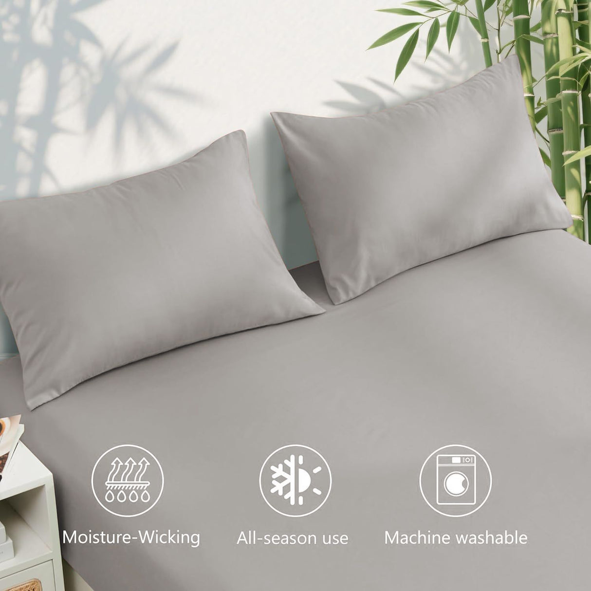 Hotel Breathable Bamboo Fitted Sheet & Pillowcase-3 Piece-Ultra Soft 2000TC Breathable Fitted Bed Sheets Set with 37 Centimetre Deep Pocket-Cooling Sheets for Hot Sleepers(Silver-gray,Double)