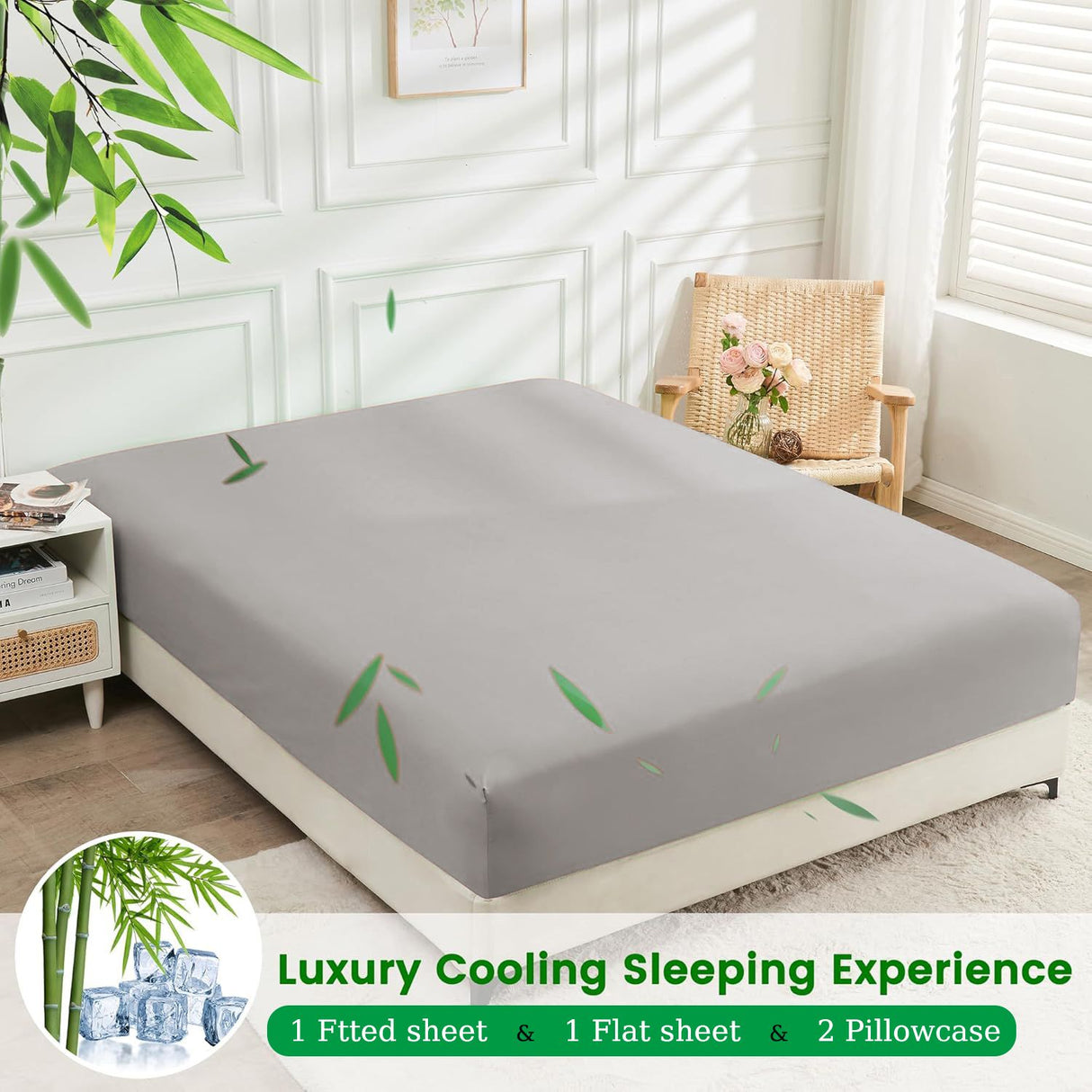 Hotel Breathable Bamboo Fitted Sheet & Pillowcase-3 Piece-Ultra Soft 2000TC Breathable Fitted Bed Sheets Set with 37 Centimetre Deep Pocket-Cooling Sheets for Hot Sleepers(Silver-gray,King)