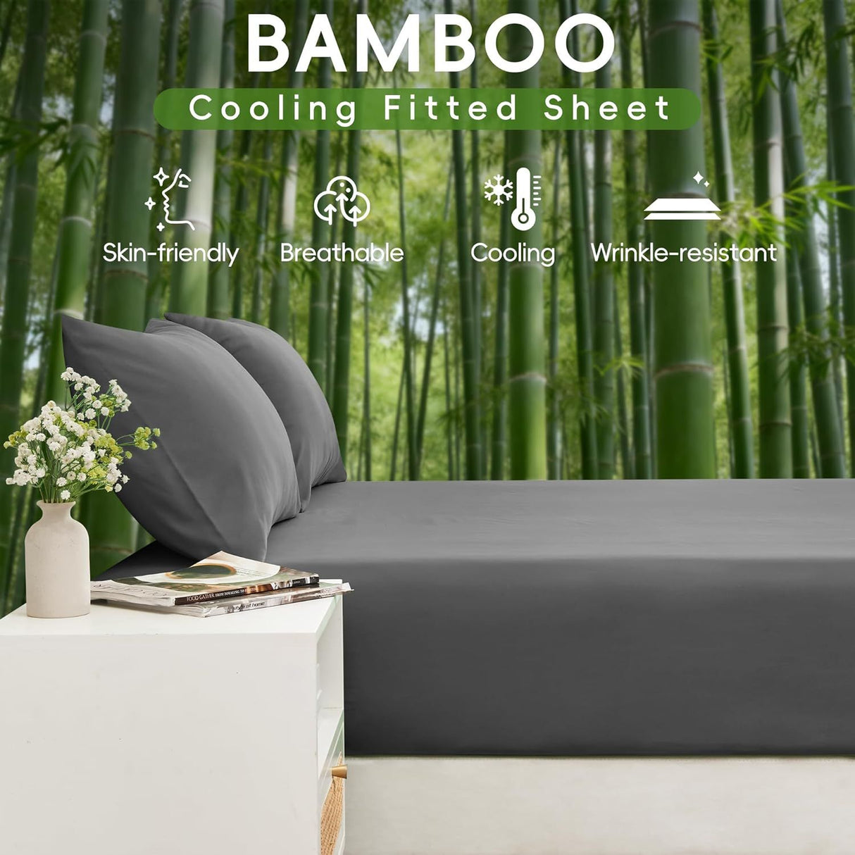 Hotel Breathable Bamboo Fitted Sheet & Pillowcase-2 Piece-Ultra Soft 2000TC Breathable Fitted Bed Sheets Set with 37 Centimetre Deep Pocket-Cooling Sheets for Hot Sleepers(Grey,King Single)