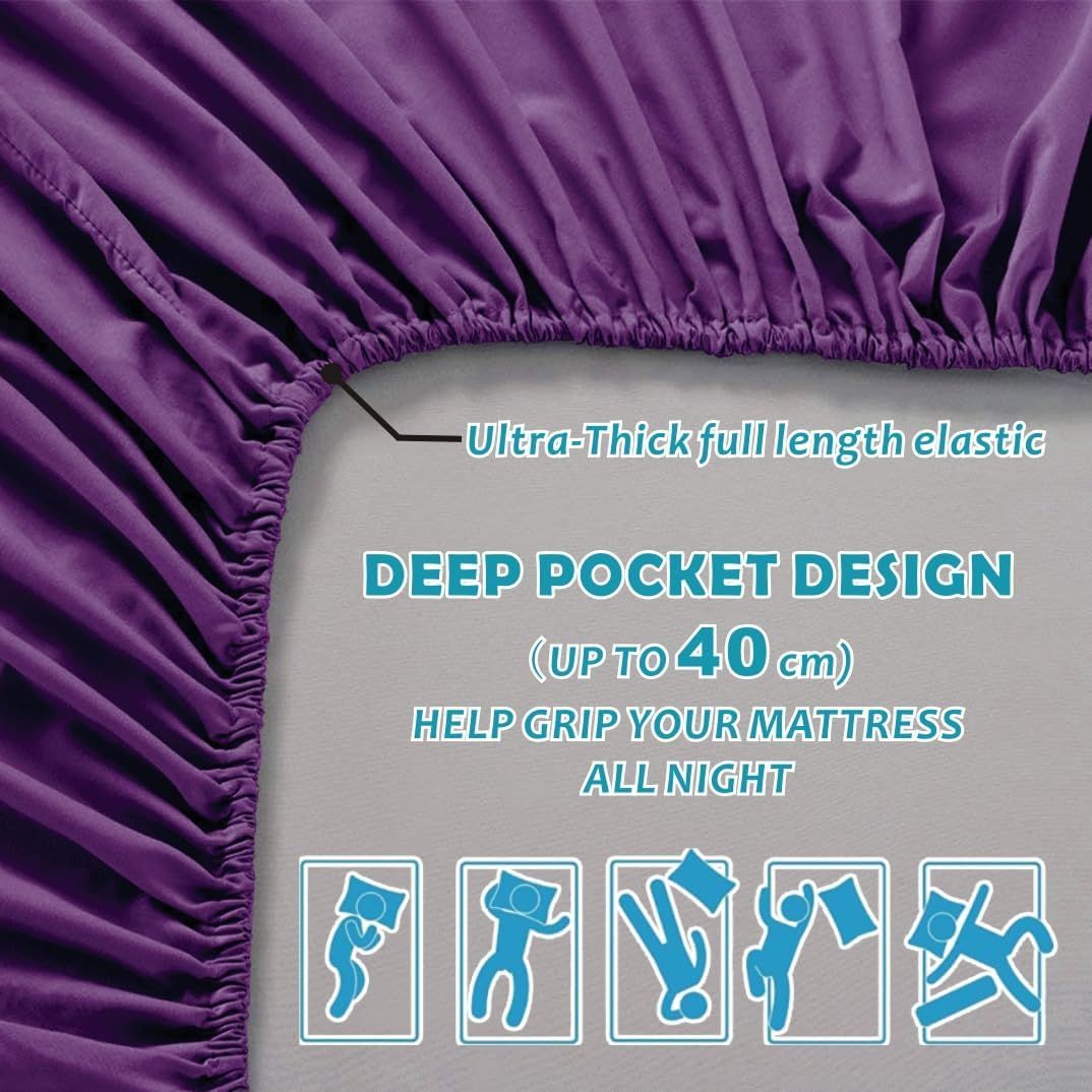 Hotel Quality Fitted Sheet - 1 Piece Fitted Sheet -Breathable Bedding - Wrinkle, Fade, Stain Resistant- 16inch/40cm Deep Pocket Fitted Bed Sheet-Wrinkle and Fade Resistant,(Purple,Double)