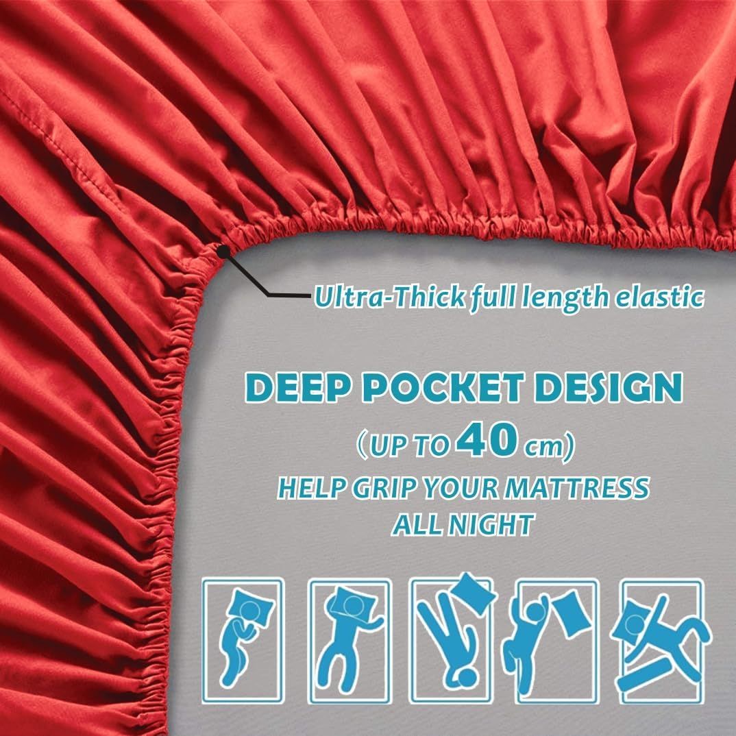 Hotel Quality Fitted Sheet - 1 Piece Fitted Sheet -Breathable Bedding - Wrinkle, Fade, Stain Resistant- 16inch/40cm Deep Pocket Fitted Bed Sheet-Wrinkle and Fade Resistant,(Red,King)