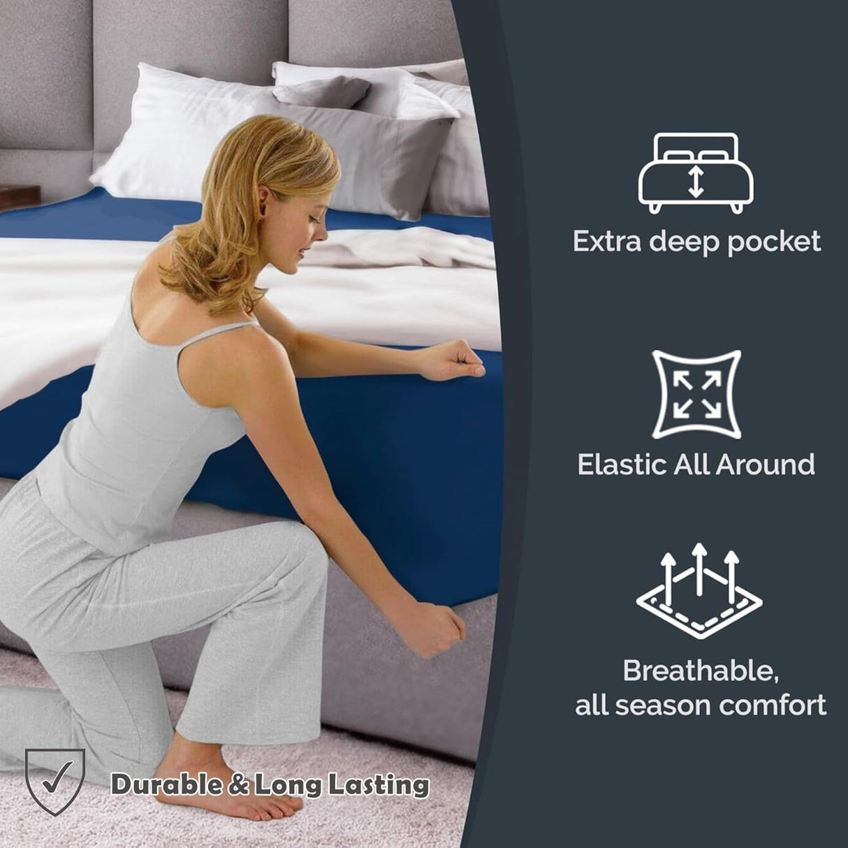 Hotel Quality Fitted Sheet - 1 Piece Fitted Sheet -Breathable Bedding - Wrinkle, Fade, Stain Resistant- 16inch/40cm Deep Pocket Fitted Bed Sheet-Wrinkle and Fade Resistant,(Navy,King Single)