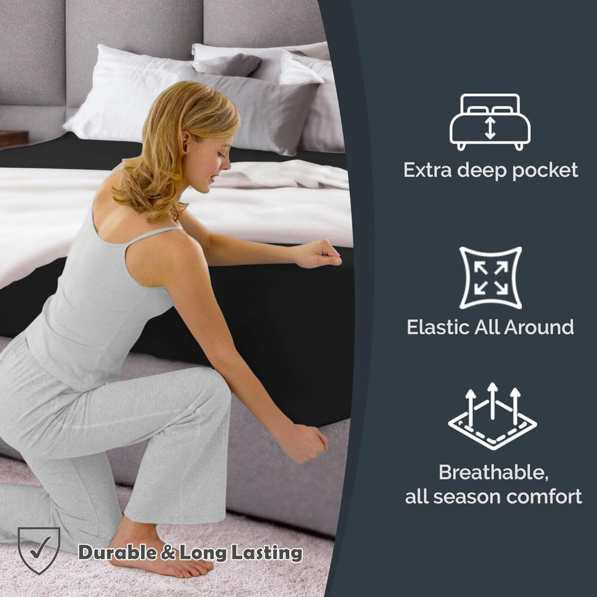 Hotel Quality Fitted Sheet - 1 Piece Fitted Sheet -Breathable Bedding - Wrinkle, Fade, Stain Resistant- 16inch/40cm Deep Pocket Fitted Bed Sheet-Wrinkle and Fade Resistant,(Black,Single)