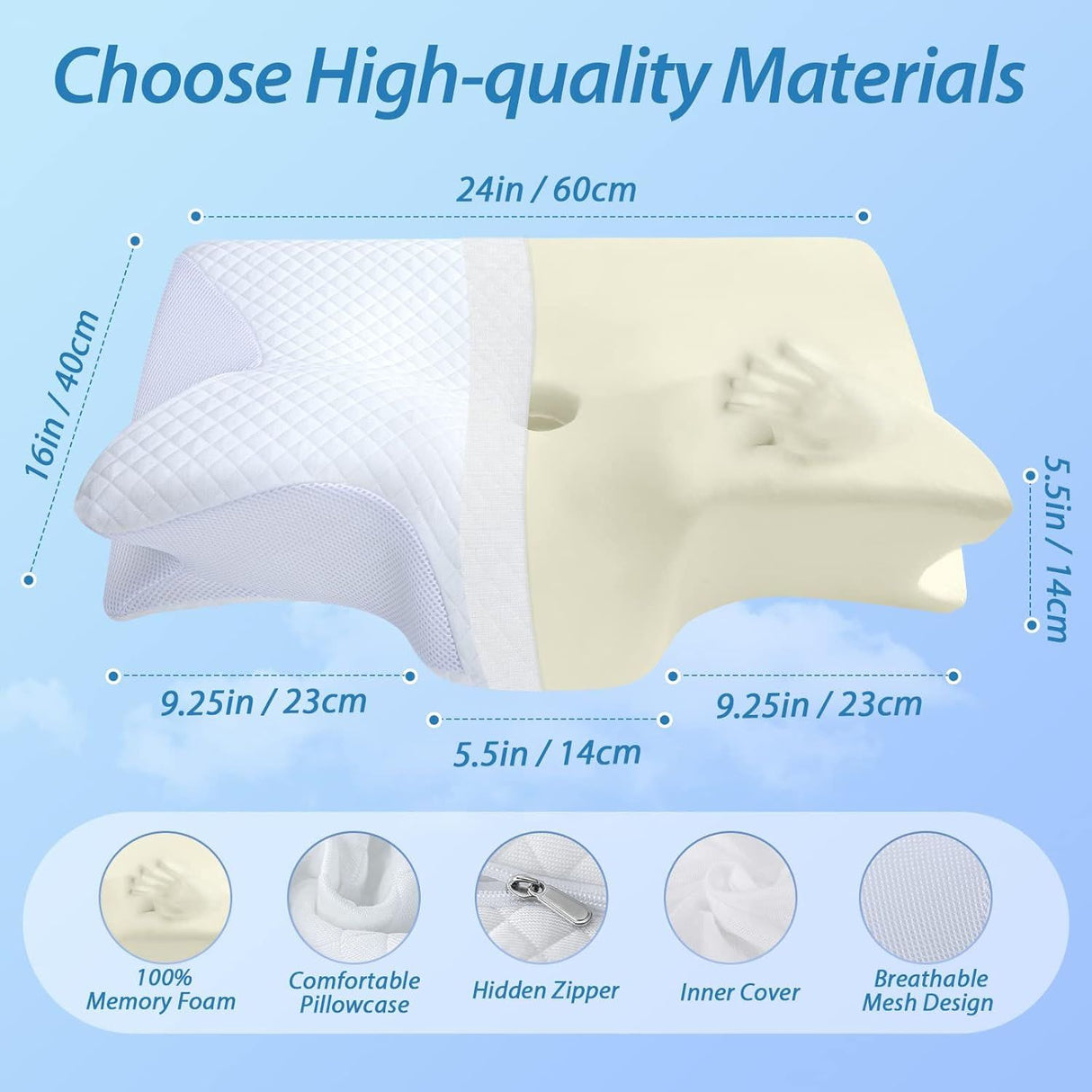 Cervical Neck Pillow for Neck Pain Relief, 2 in 1 Ergonomic Orthopedic Bed Pillow for Sleeping, Memory Foam Pillows for Side, Back & Stomach Sleepers with Removable Pillowcase