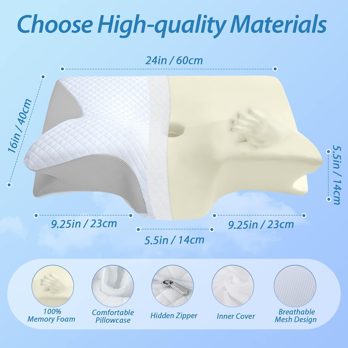 Cervical Neck Pillow for Neck Pain Relief, 2 in 1 Ergonomic Orthopedic Bed Pillow for Sleeping, Memory Foam Pillows for Side, Back & Stomach Sleepers with Removable Pillowcase