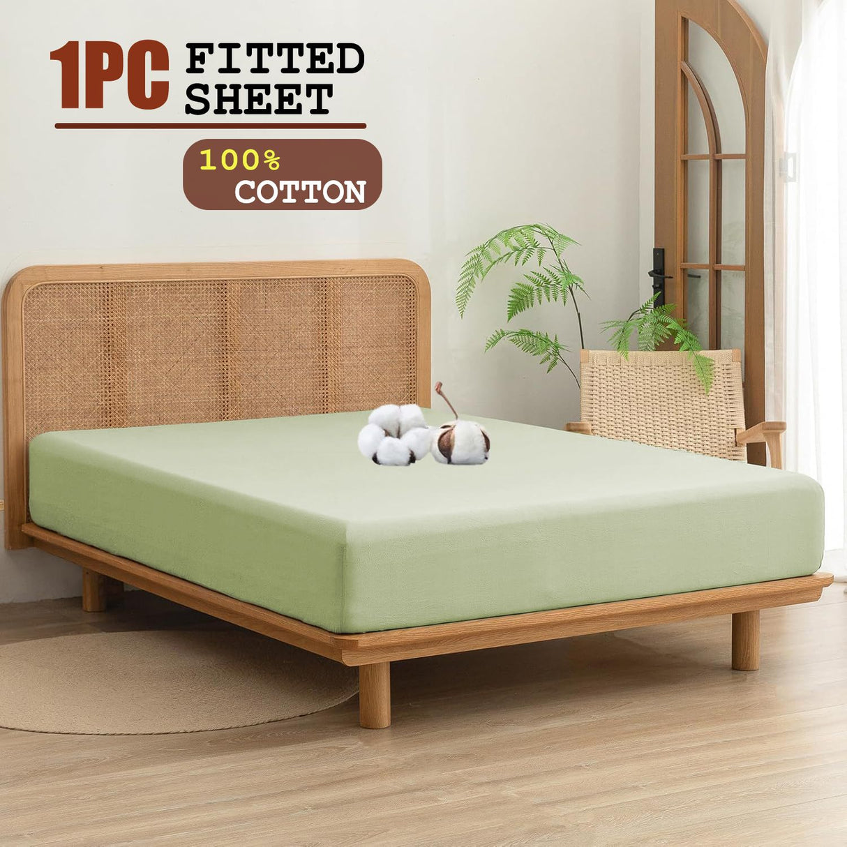100% Cotton Fitted Sheet - Super Soft 40cm Deep Pocket Bottom Sheets - White Elastic Sheet(Double,Green beans)