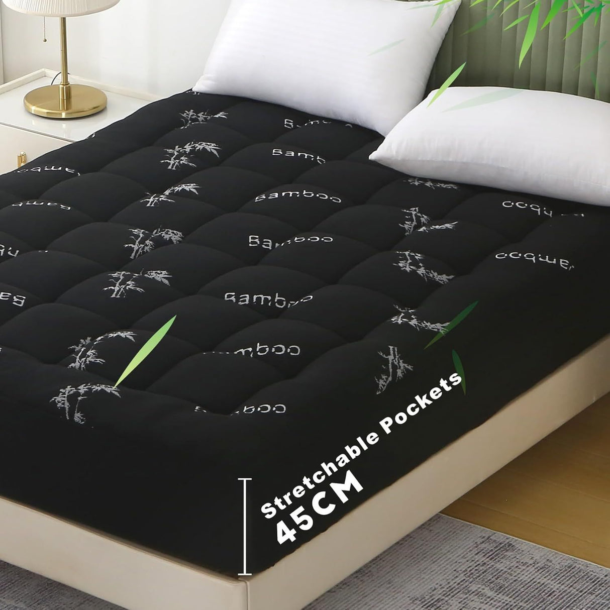 800GSM Mattress Topper Viscose Derived from Bamboo, Thick Pillowtop Fitted Mattress Cover with 45cm Deep Skirt - Machine Washable Hypoallergenic(King Single,Black)