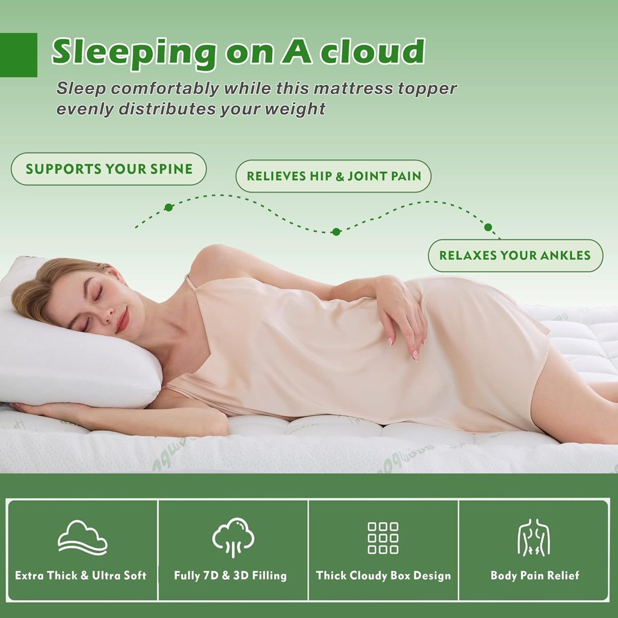 800GSM Mattress Topper Viscose Derived from Bamboo, Thick Pillowtop Fitted Mattress Cover with 45cm Deep Skirt - Machine Washable Hypoallergenic(King Single,Green)
