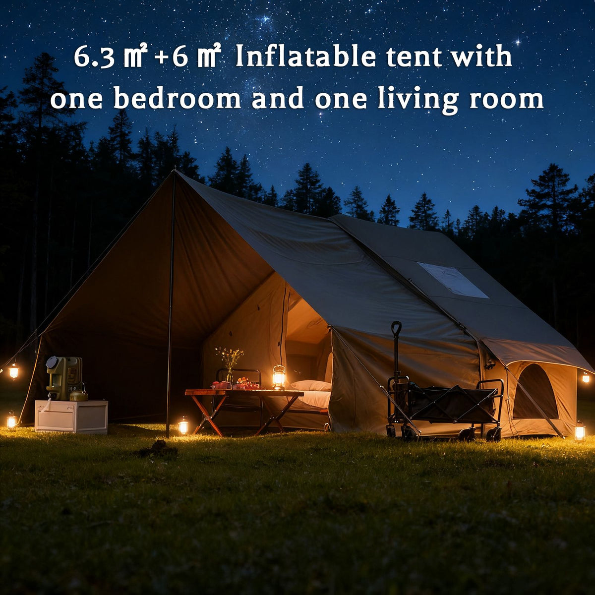 Green inflatable tent, supplied with a carry bag.