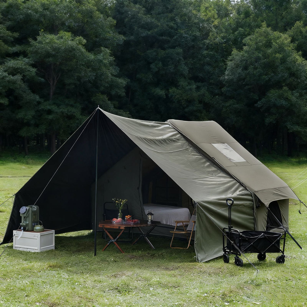 Green inflatable tent, supplied with a carry bag.