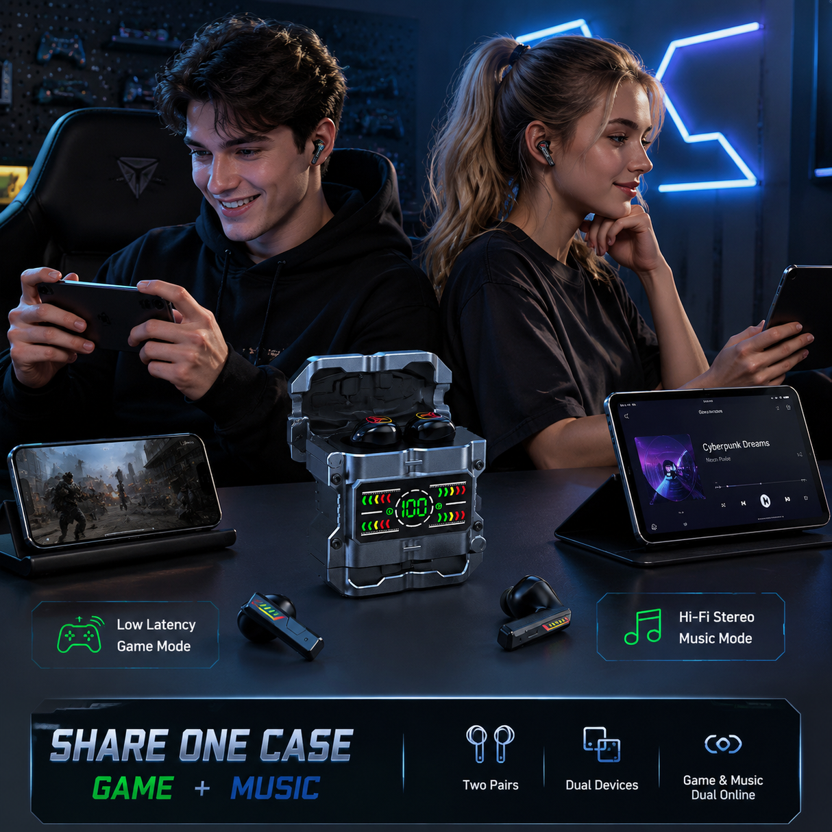 Wireless Earbuds 2 Pairs in 1 Charging Case with LED Display | 40H Total Playtime, Gaming & Music, Mecha Bluetooth Design, Dual Style Earbuds, Couples Earphones