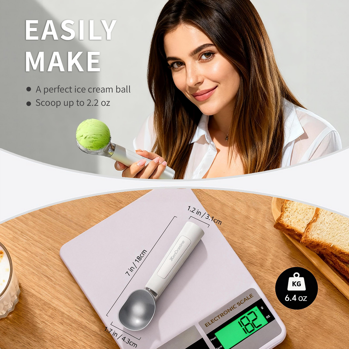 Heated Ice Cream Scoop, Rechargeable Electric Warming Scooper, Heats to for Hard Ice Cream, Waterproof, Easy for Seniors & Kids (White,17.8*4.3cm)