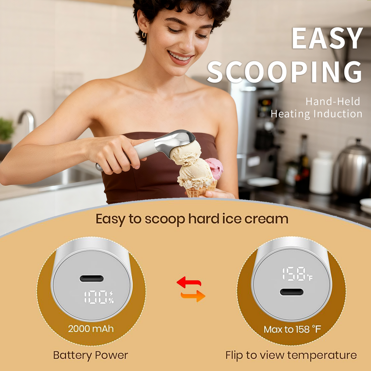 Heated Ice Cream Scoop, Rechargeable Electric Warming Scooper, Heats to for Hard Ice Cream, Waterproof, Easy for Seniors & Kids (White,17.8*4.3cm)