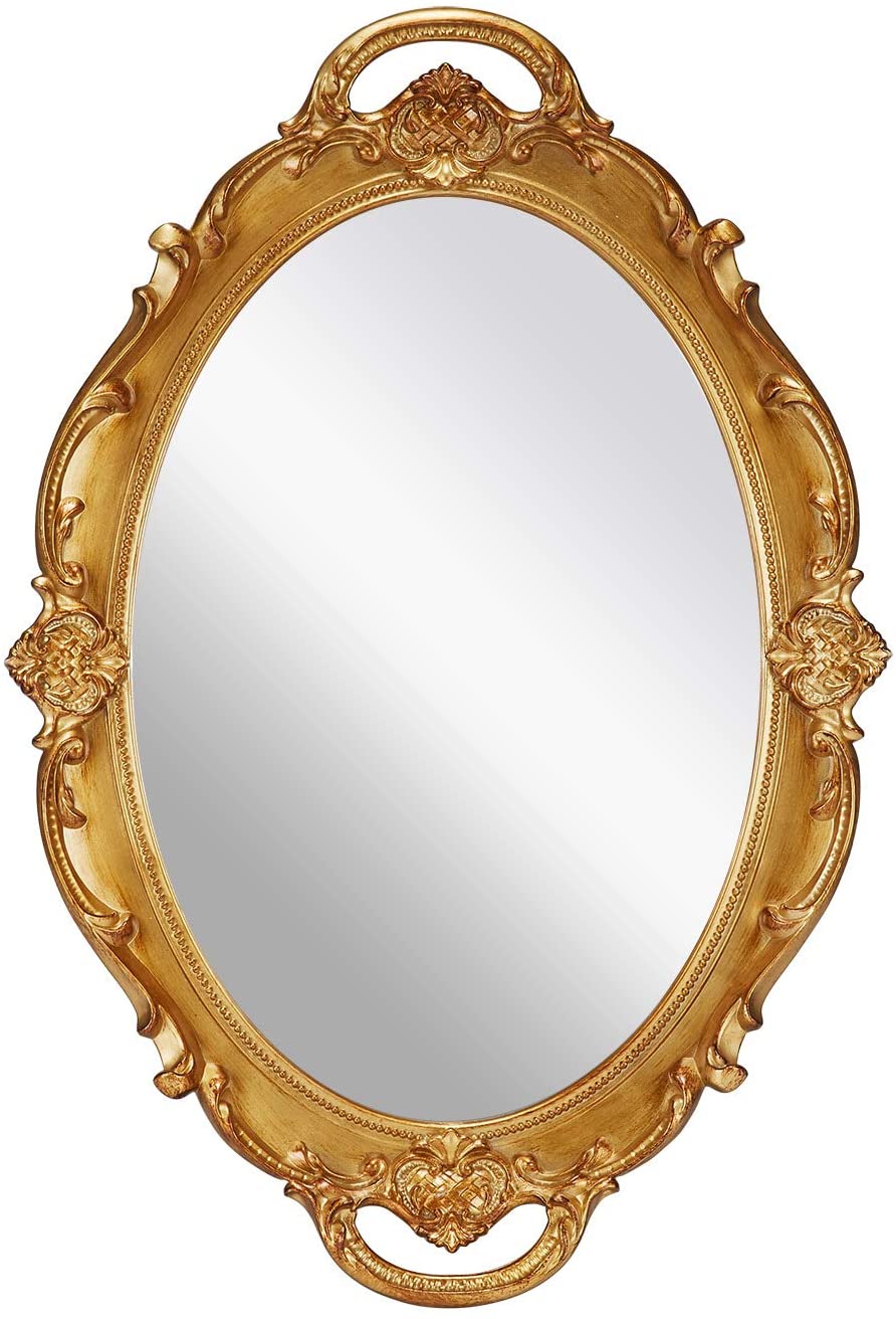 Gold hanging wall mirror, 25 x 38 cm, lightweight.