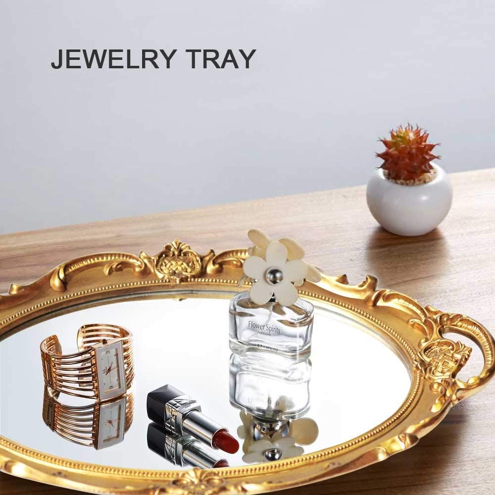 Gold hanging wall mirror, 25 x 38 cm, lightweight.