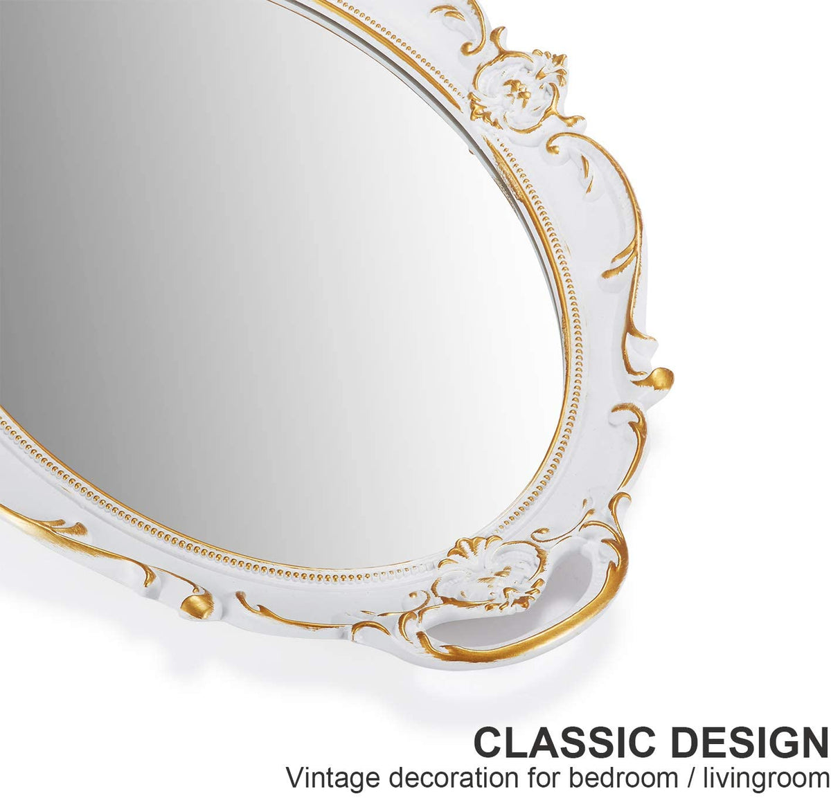 White hanging wall mirror, 25 x 38 cm, lightweight.