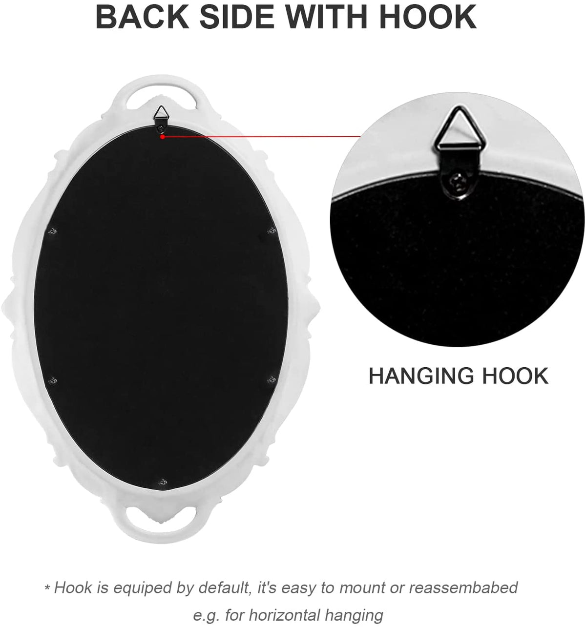 White hanging wall mirror, 25 x 38 cm, lightweight.