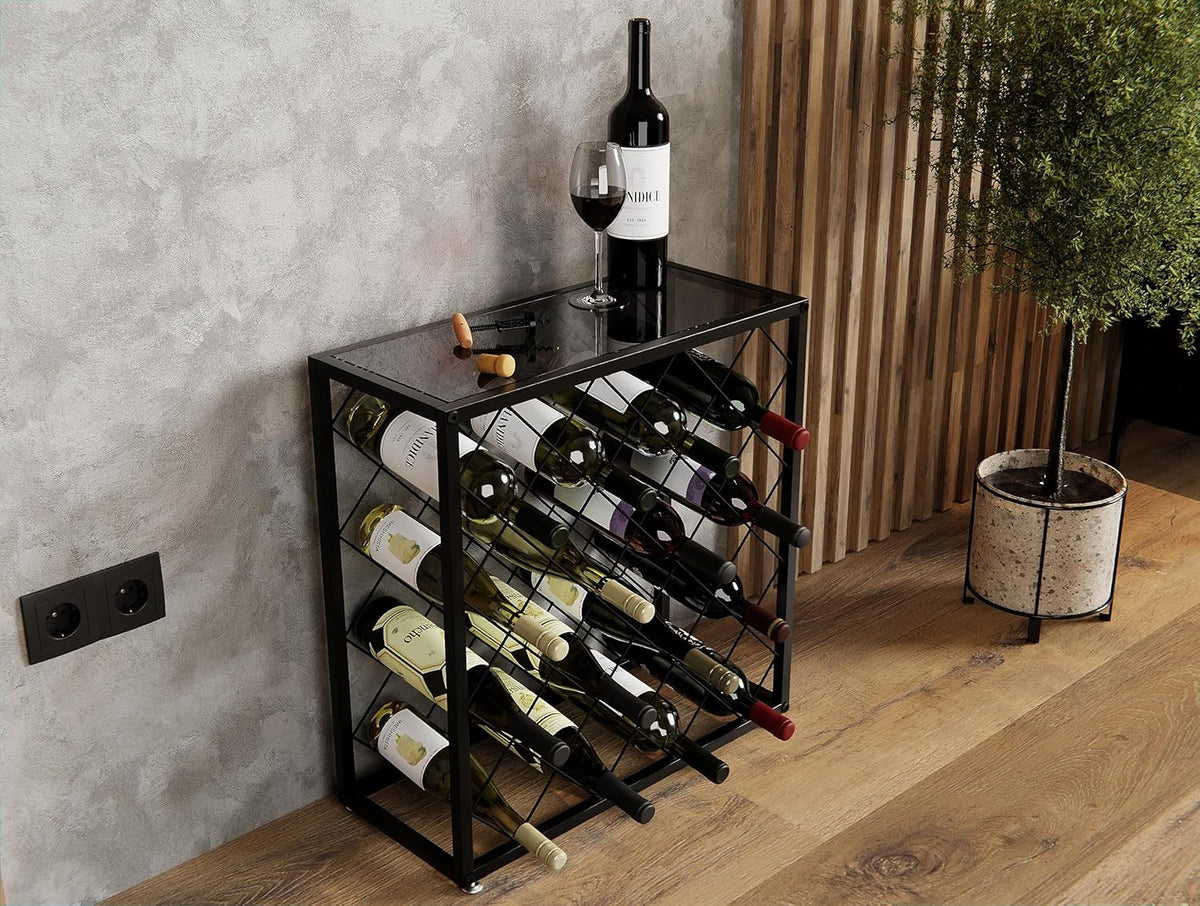 Freestanding metal wine rack, 25 bottles.