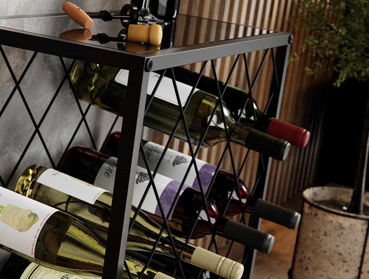 Freestanding metal wine rack, 25 bottles.