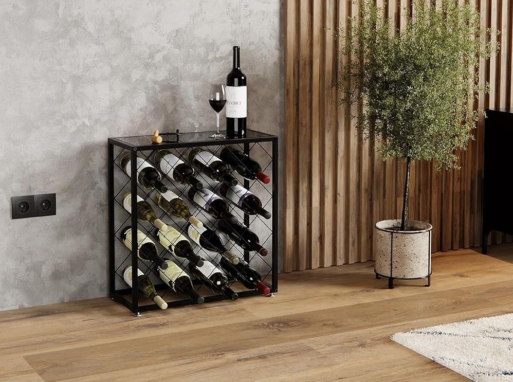 Freestanding metal wine rack, 25 bottles.