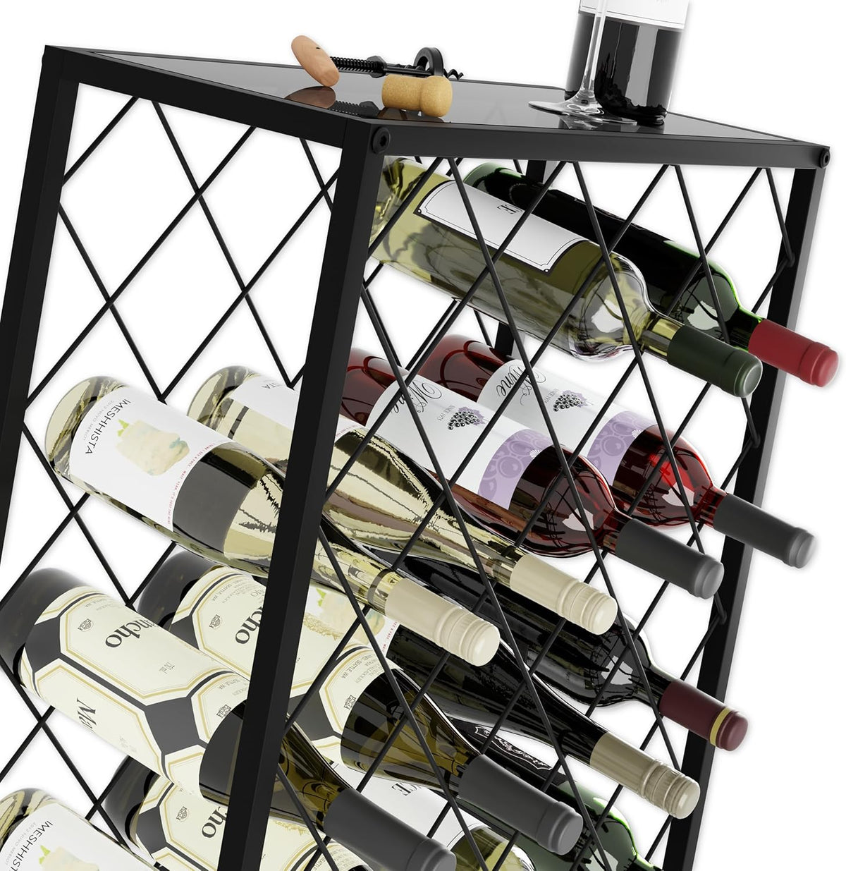 Freestanding metal wine rack, 25 bottles.