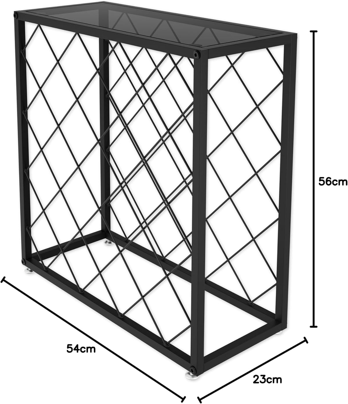 Freestanding metal wine rack, 25 bottles.