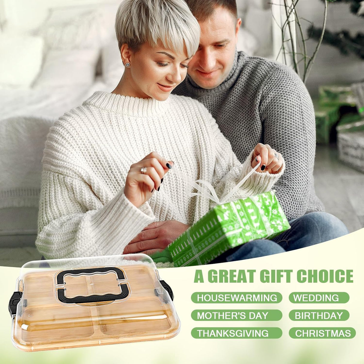 CARLA HOME Bamboo Charcuterie Board with Lid & Handle ideal Gift for Kitchen, Party & Picnic (6 Compartments)