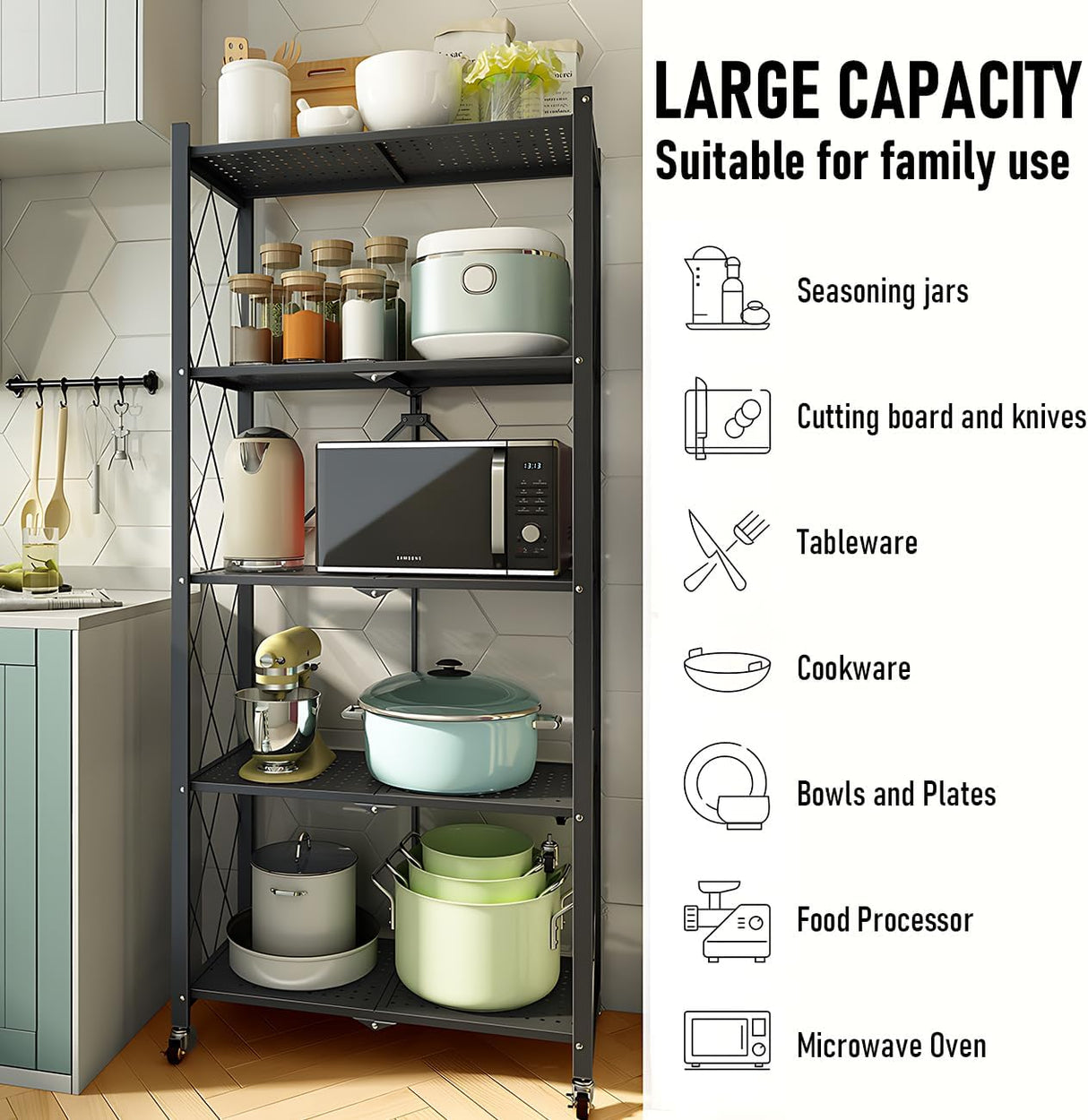 CARLA HOME 5-Tier Foldable Storage Shelf with Wheels for Kitchen, Garage, Pantry or Basement (Black)
