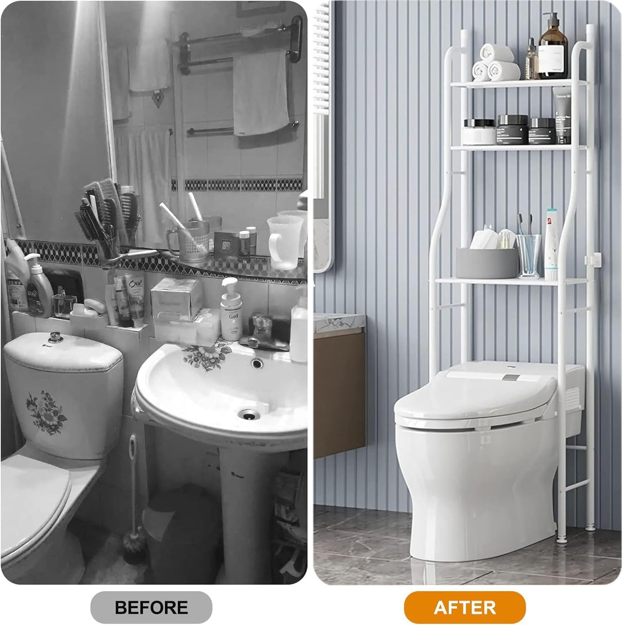 CARLA HOME 3-Tier Over The Toilet Storage Rack with Hooks & Paper Holder for Bathroom & Laundry Room