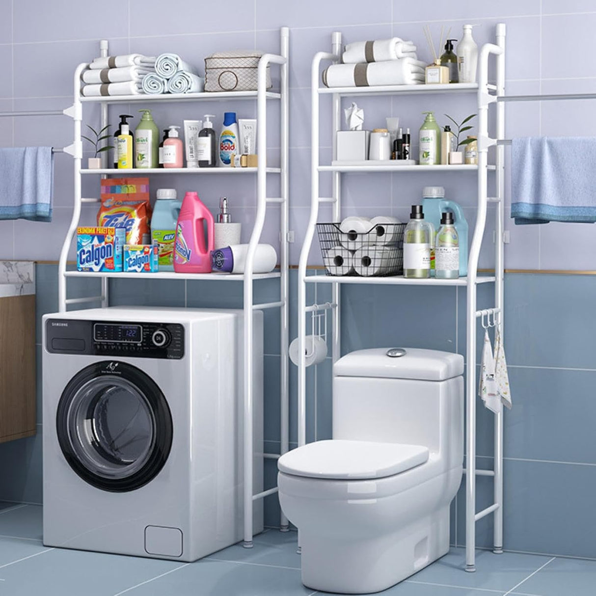 CARLA HOME 3-Tier Over The Toilet Storage Rack with Hooks & Paper Holder for Bathroom & Laundry Room