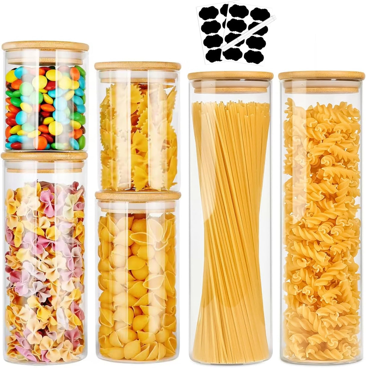 CARLA HOME 6 Pack Glass Storage Jars with Bamboo Lids for Kitchen Pantry, Pasta, Snacks, Cookies, Candy & More