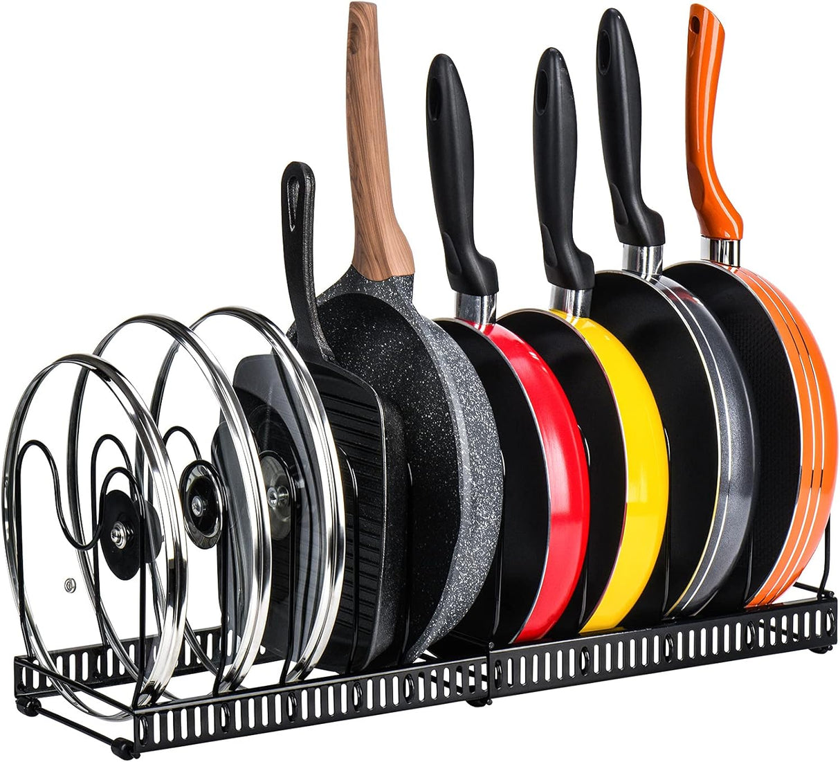 CARLA HOME Expandable Pot and Pan Organizer Rack for Cabinet with 10 Adjustable Dividers, Lid & Cookware Holder for Kitchen Pantry or Countertop Storage