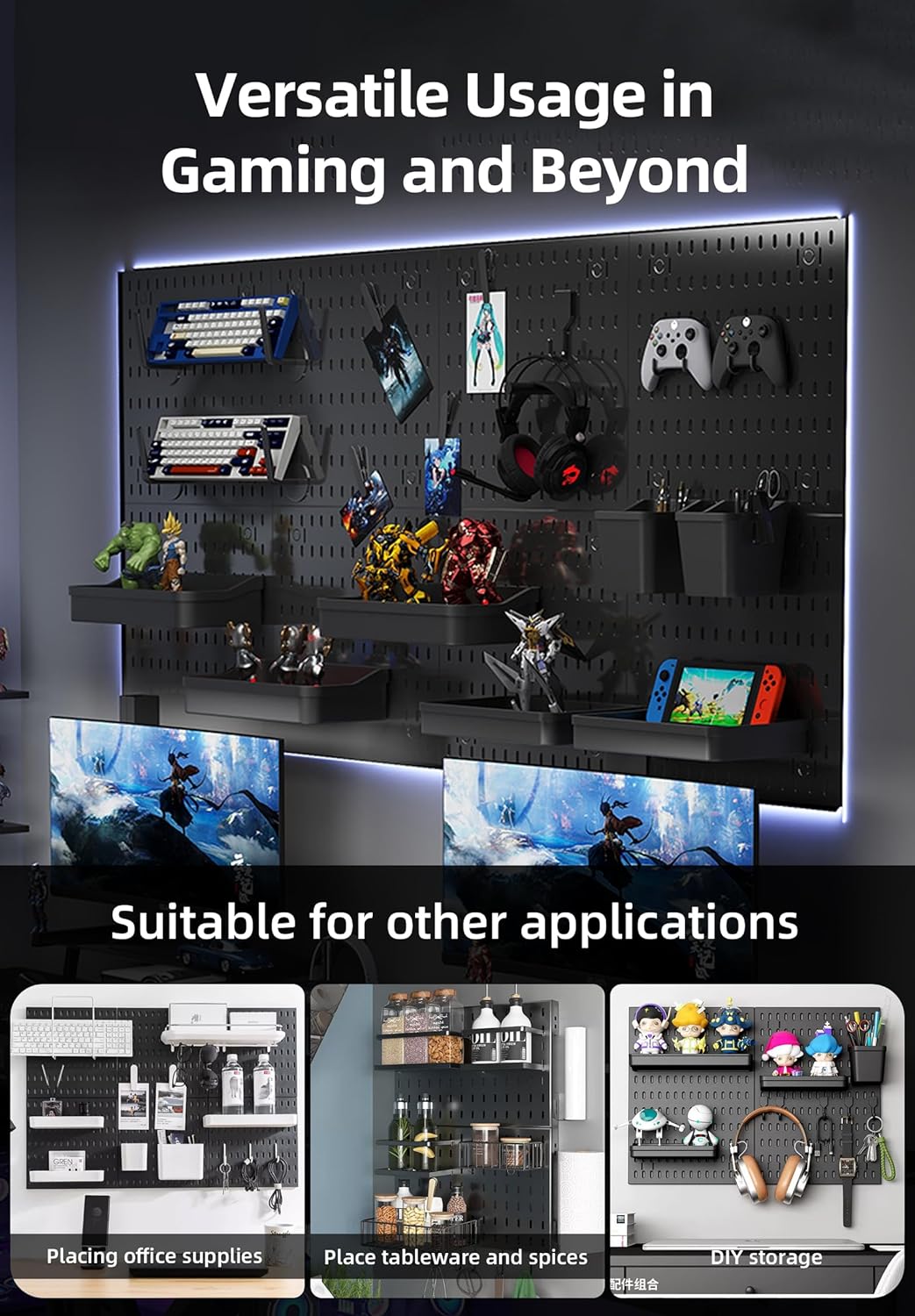 CARLA HOME Pegboard Wall Organizer Kit – 2 Black Modular Pegboards with 10 Accessories for Office, Gaming & Home Storage