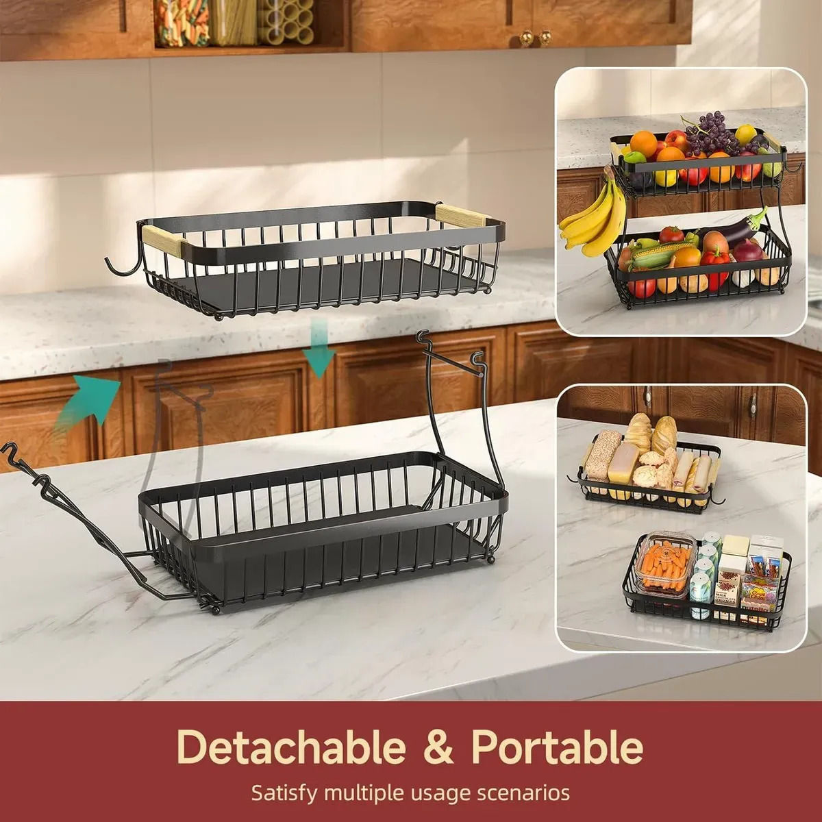 CARLA HOME 2-Tier Fruit Basket Metal Storage Bowl Kitchen Counter Organizer with Handles for Fruits, Vegetables, Snacks & Bread