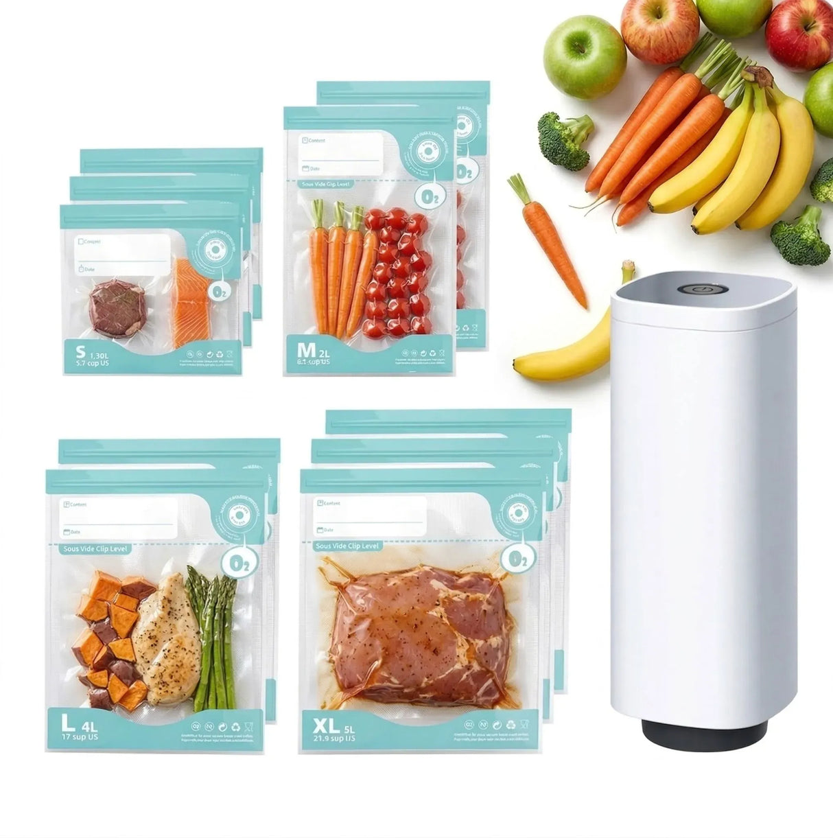 CARLA HOME Automatic Vacuum Sealer Kit - 10 Reusable Bags - White - Food Vacuum Set
