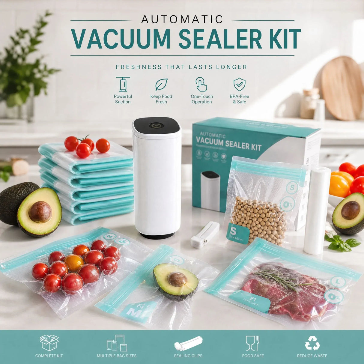 CARLA HOME Automatic Vacuum Sealer Kit - 10 Reusable Bags - White - Food Vacuum Set