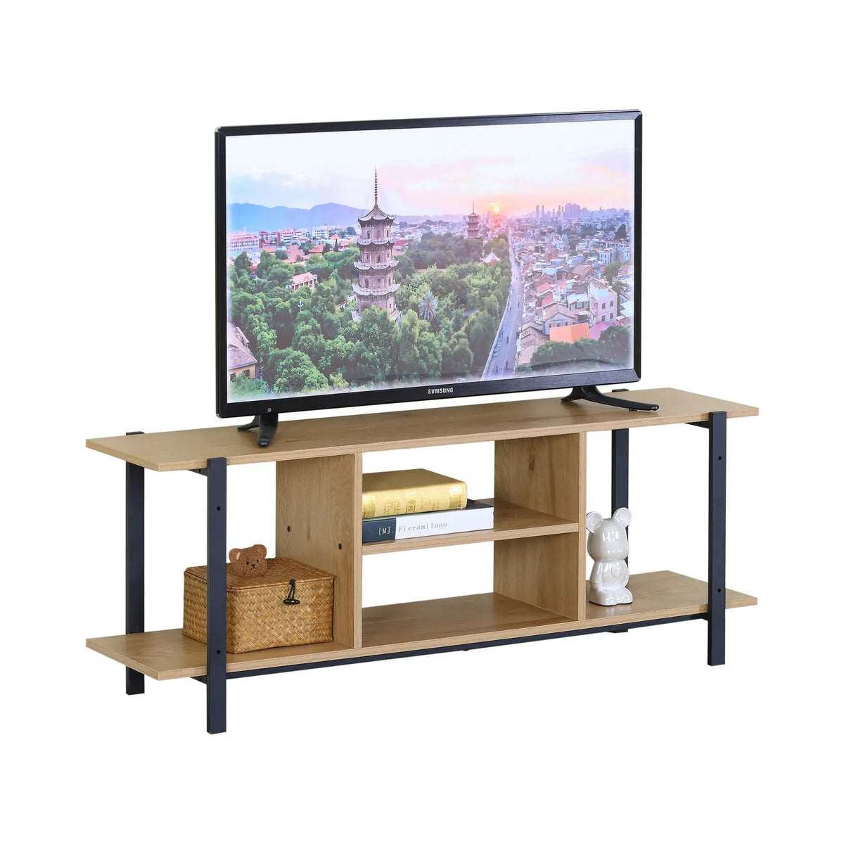 CARLA HOME Tv Stand Entertainment Console - Open Shelves - Oak - Brown - Rustic - Steel