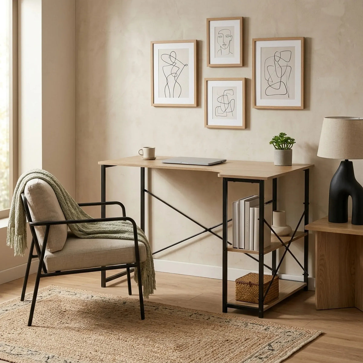 CARLA HOME Office Desk with 2 Shelves - Metal Frame - Natural - 120cm - Brown - Rustic