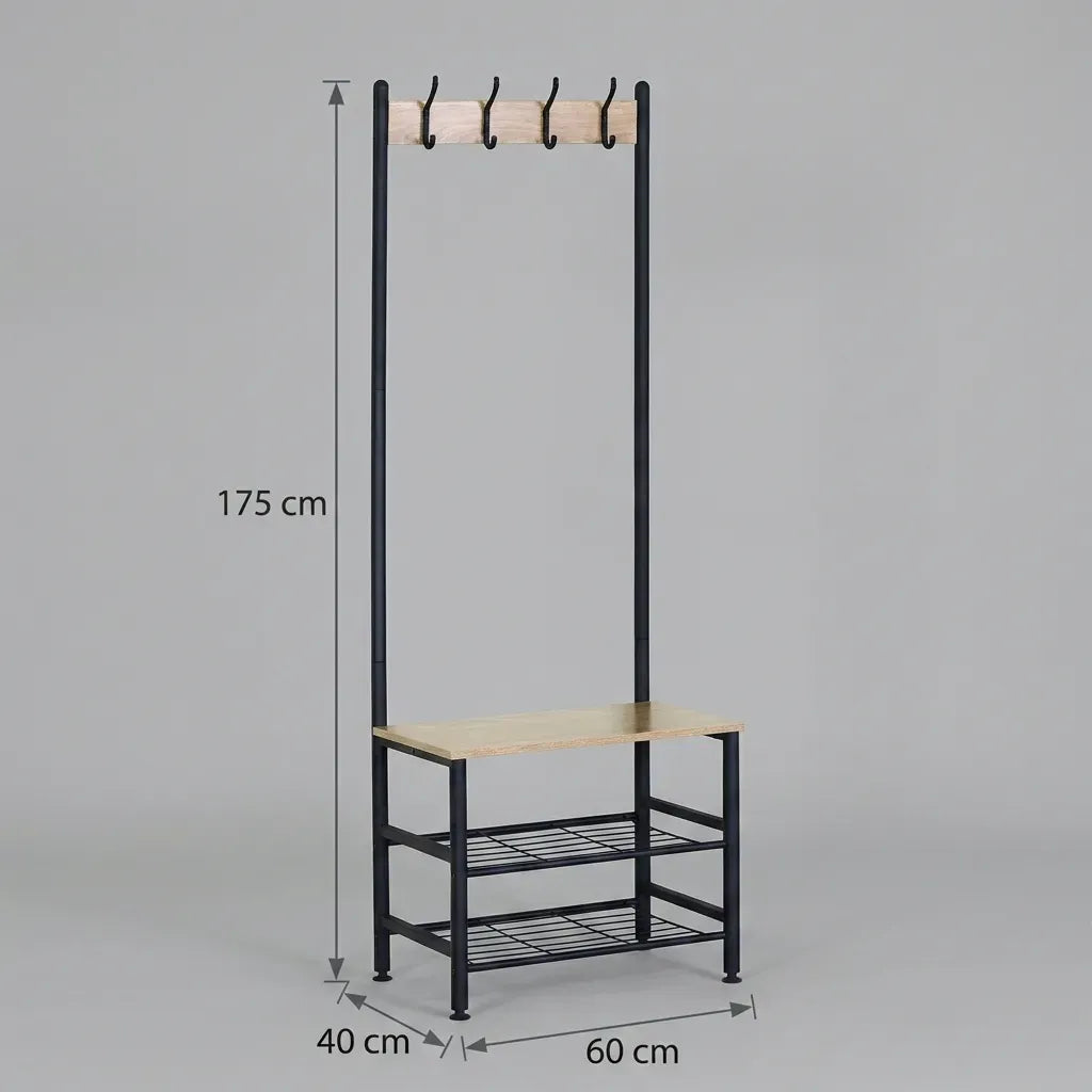 CARLA HOME Hall Tree Coat Rack with Bench - 5 Hooks - Brown - Rustic - Garment Rack