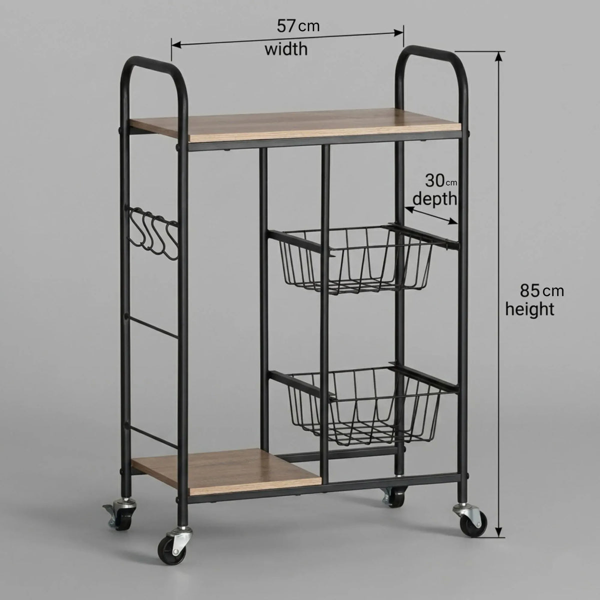 CARLA HOME Kitchen Trolley Cart with Wire Baskets - Brown - Rustic - Steel - Kitchen Rolling Cart